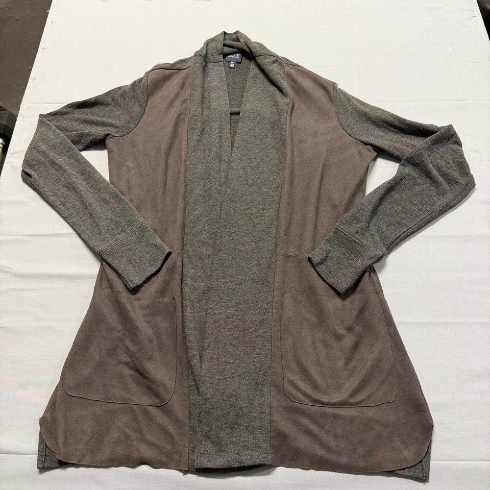 Blue‎ Saks Fifth Avenue Womens Grey Faux Suede Mixed Media Open Cardigan Small